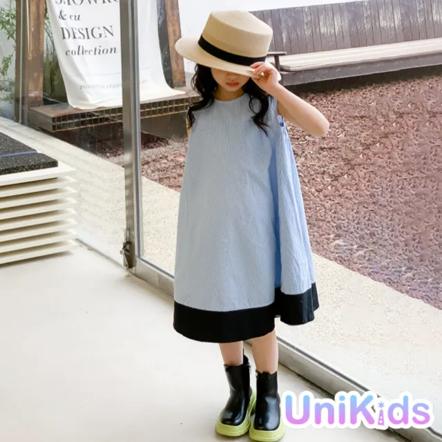 【UniKids】中大童裝無袖洋裝 韓版細格紋撞色歐妮風 女大童裝 VW23006(格子)