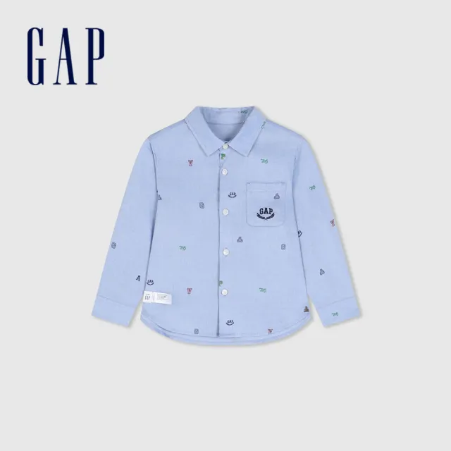 【GAP】男幼童裝 Logo純棉小熊印花翻領長袖襯衫-藍色(890335)