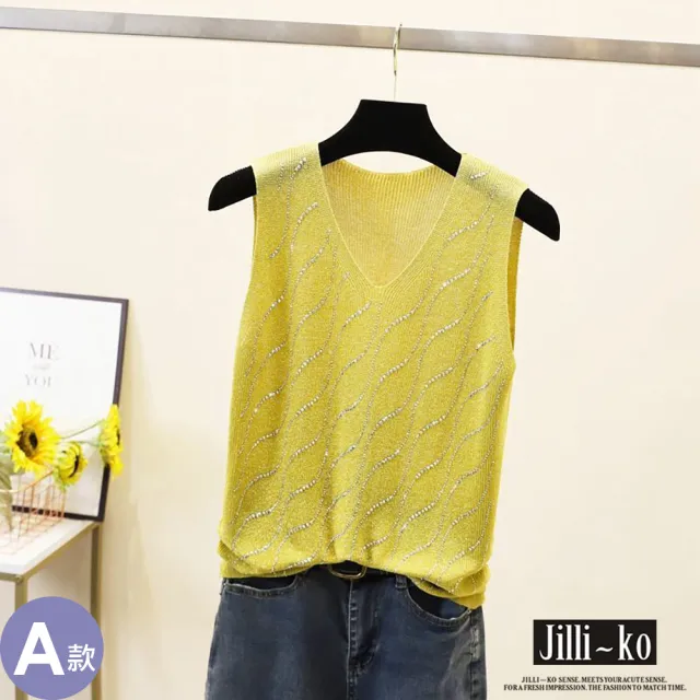 【JILLI-KO】時尚晶鑽女士圖案金蔥冰絲針織背心-F(多款任選)