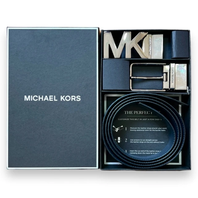 Michael Kors 專櫃禮盒版 MK 男生 皮帶 深藍滿版x素面黑色 雙扣頭禮盒 腰帶 LOGO/針扣雙頭(36H9MBLY4V)