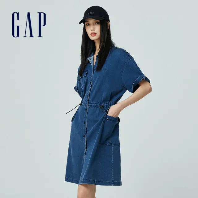 【GAP】女裝 Logo工裝抽繩翻領短袖洋裝-深藍色(872417)