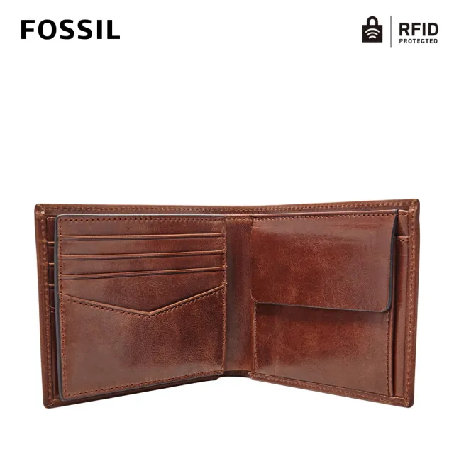 【FOSSIL 官方旗艦館】Ryan 咖啡色真皮RFID大零錢袋皮夾 男 短夾ML3736201(禮盒組附鐵盒)