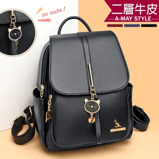 【Amay Style 艾美時尚】女包 真皮包 雙肩包 簡約牛皮可愛貓咪吊飾後背包(3色.現貨+預購)