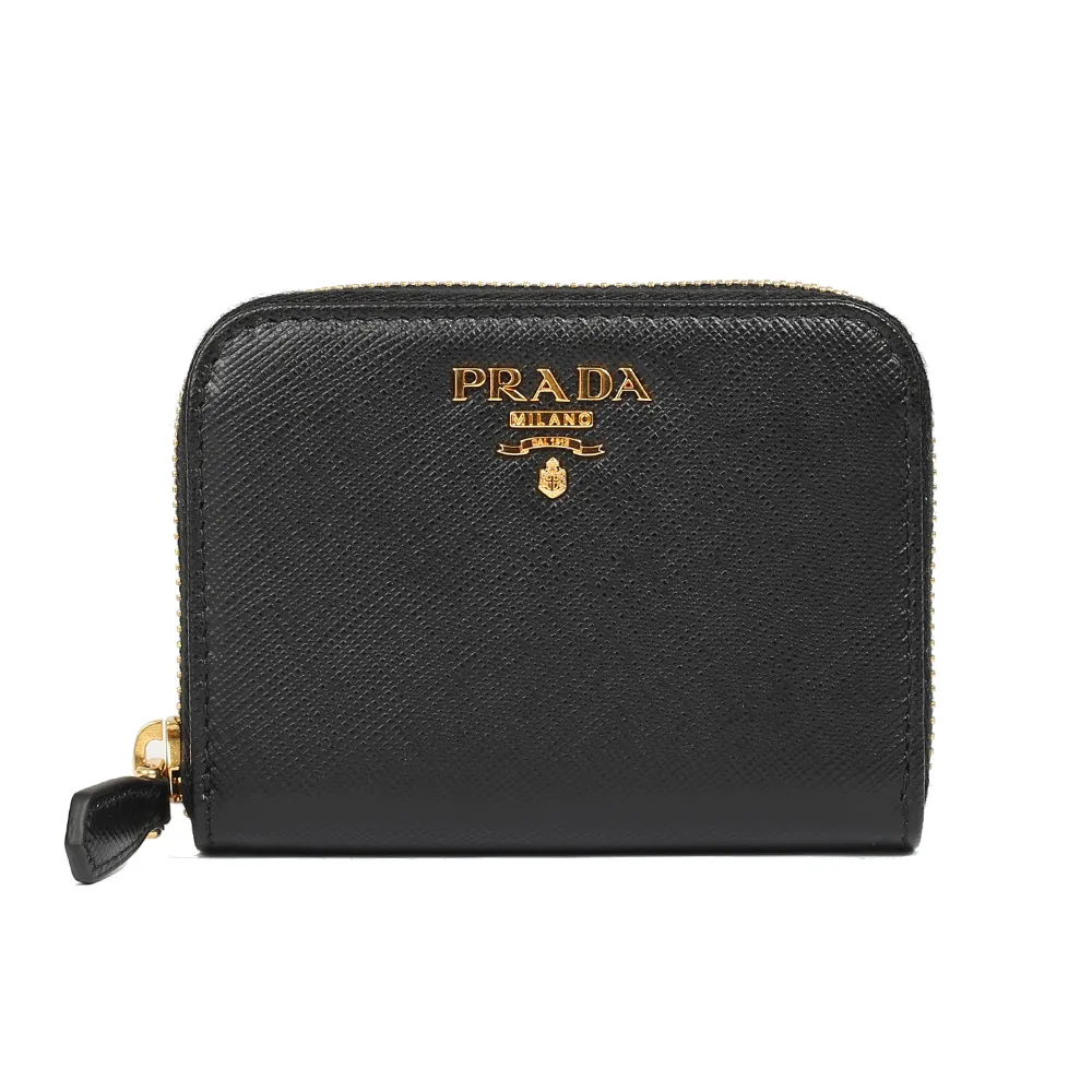 【PRADA 普拉達】SAFFIANO 防刮皮革金屬字母拉鍊零錢包(黑)