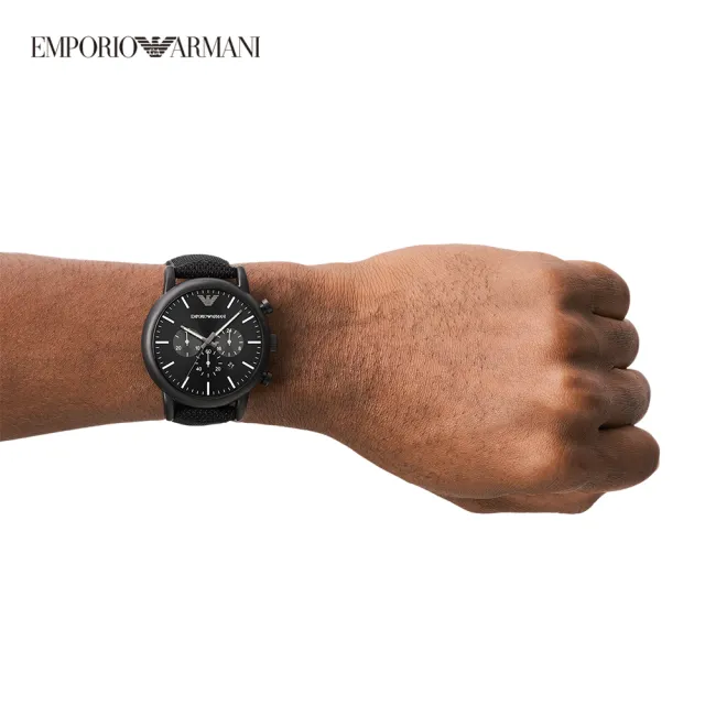 【EMPORIO ARMANI 官方直營】Luigi  都會菁英三眼時尚手錶 黑色矽膠錶帶 46MM AR11450(雙11)