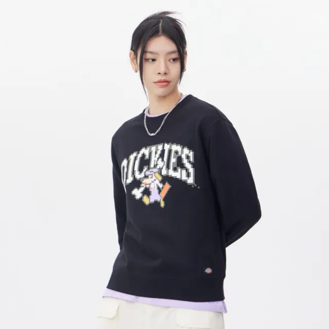 【Dickies】女款黑色純棉胸前馬賽克圖案印花休閒大學T｜DK011613BLK