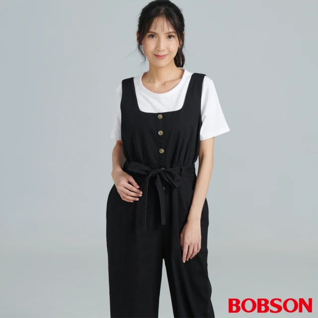 BOBSON 女款吊帶牛仔寬褲(D129-87)