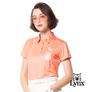 【Lynx Golf】女款吸濕排汗抗UV機能印花造型Lynx字樣繡花短袖POLO衫/高爾夫球衫(粉橘色)