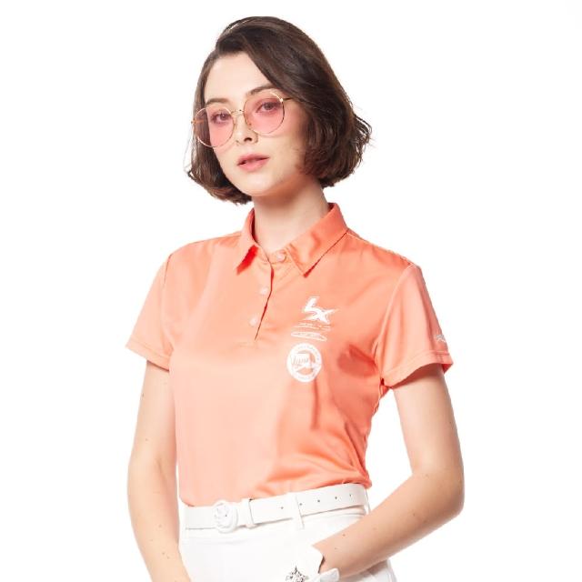 【Lynx Golf】女款吸濕排汗抗UV機能印花造型Lynx字樣繡花短袖POLO衫/高爾夫球衫(粉橘色)
