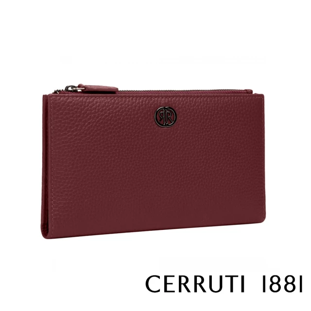 Cerruti 1881 限量2折 義大利頂級小牛皮荔枝紋女用長夾 CEPD06327G 全新專櫃展示品(酒紅色 贈禮盒提袋)