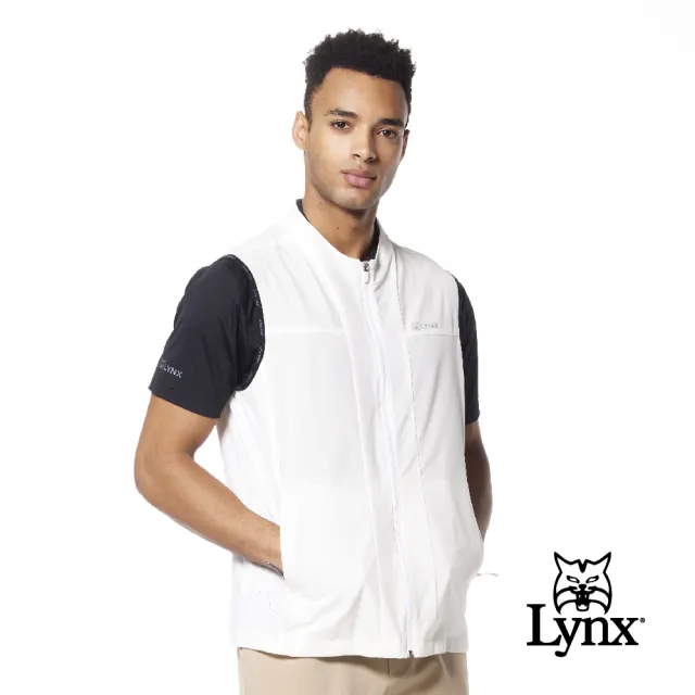 【Lynx Golf】男款抗UV吸排機能輕薄舒適剪接沖孔LOGO字樣配布造型拉鍊口袋無袖背心(二色)