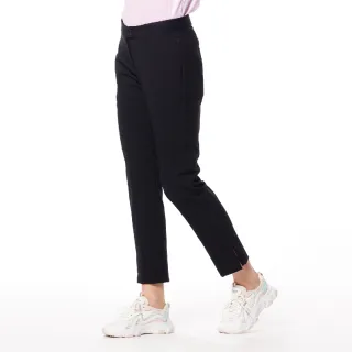 【Lynx Golf】女款日本進口布料彈性舒適隱形拉鍊口袋設計褲口開杈造型窄管九分褲(黑色)