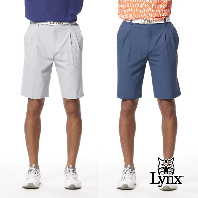 Lynx Golf 男款彈性舒適腰圍兩側鬆緊帶素面基本款後袋Lynx繡花雙折休閒短褲(二色)