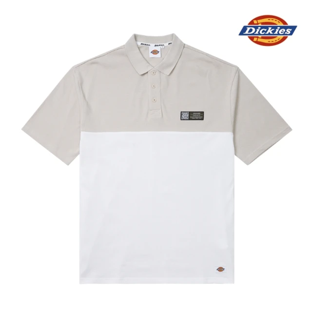 【Dickies】男款米灰色拼接純棉品牌織標寬鬆短袖POLO衫｜DK010981ST0