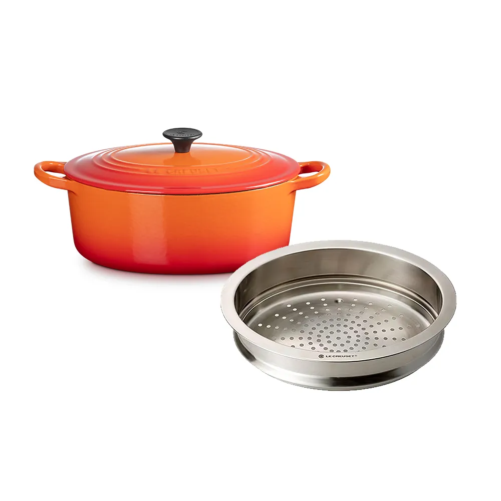 Le Creuset】琺瑯鑄鐵鍋橢圓鍋25cm火焰橘(贈不鏽鋼橢圓蒸架25 cm