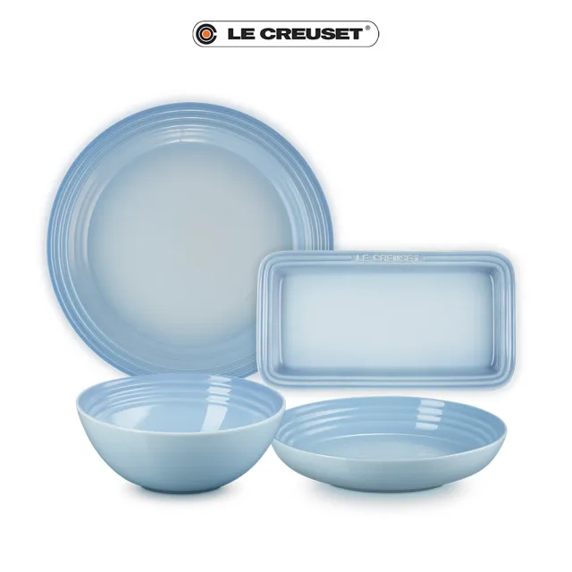 【Le Creuset】瓷器海岸藍碗盤四件組 無盒(義麵盤 22cm+長方盤 25cm+圓盤 27cm+穀片碗 16cm)