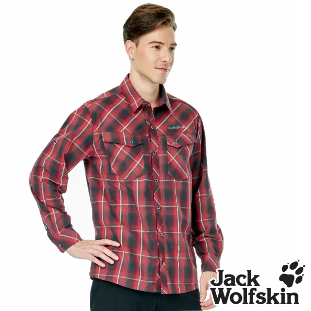 【Jack wolfskin 飛狼】男 英倫格紋長袖排汗襯衫(紅格紋)