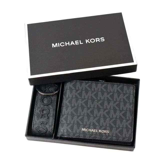 Michael Kors 男款 緹花LOGO防刮六卡短夾/鑰匙圈禮盒-黑色