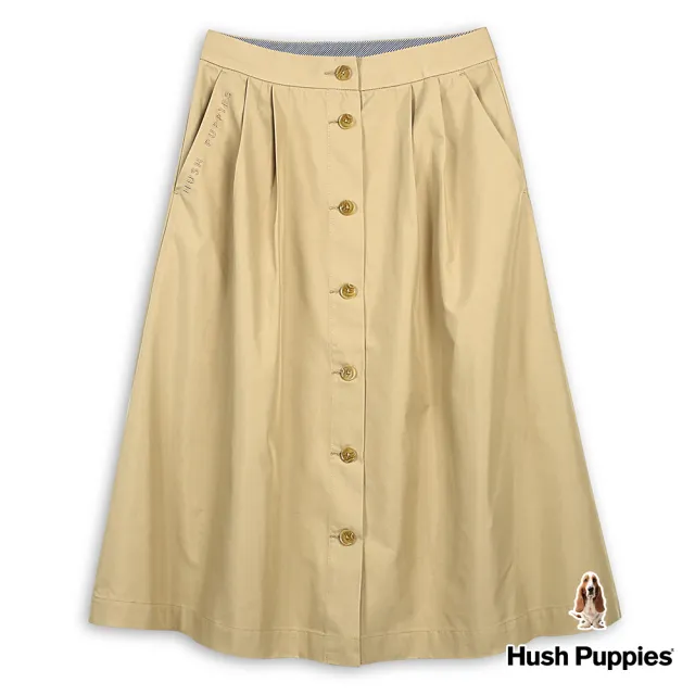 【Hush Puppies】女裝 長裙 簡約素色前開襟打褶長裙(卡其 / 43223102)