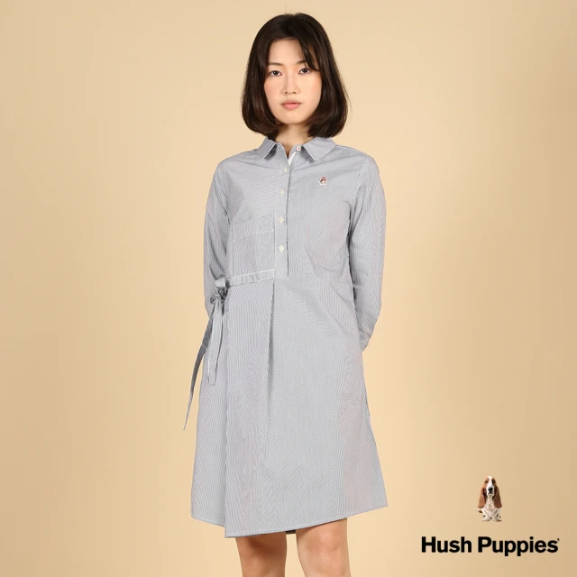 Hush Puppies 女裝 洋裝 細條紋綁帶七分袖襯衫領洋裝(丈青 / 43215102)