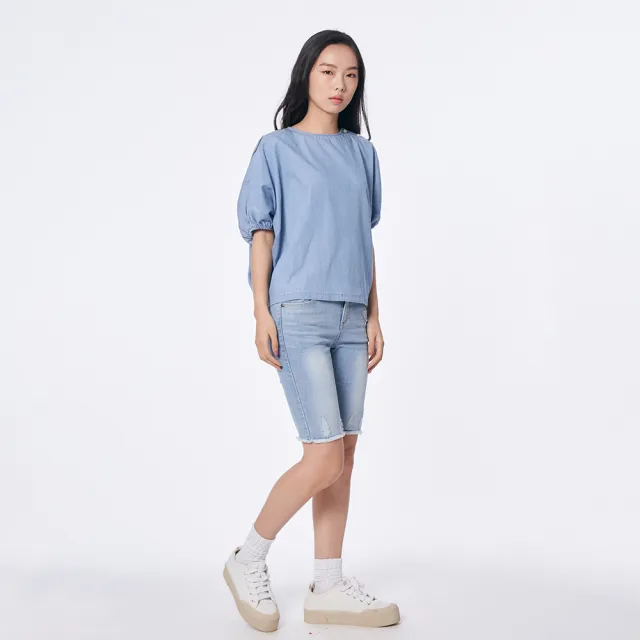 【5th STREET】女裝 短袖 短t 上衣 t恤 TEE 寬版 鈕扣 泡泡袖 淺藍(570972)