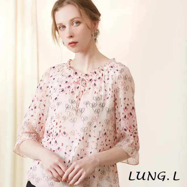 【LUNG.L 林佳樺】LP42A粉色雪紡印花綁結七分袖女裝上衣