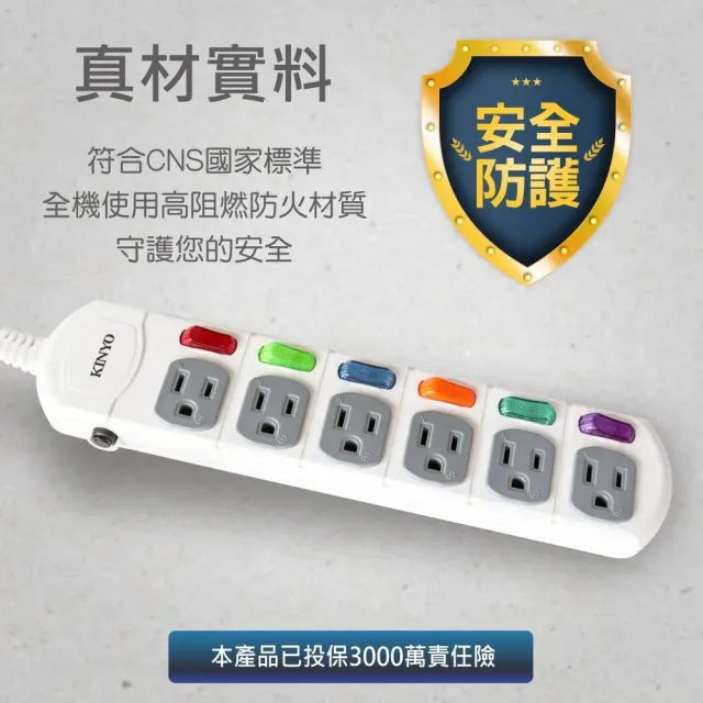 【KINYO】台灣製 6開6插 獨立開關電源延長線(6尺1.8M)