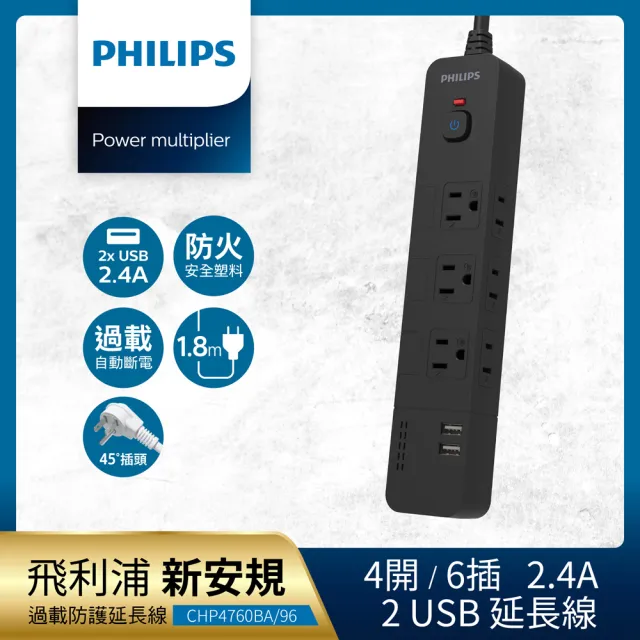 【Philips 飛利浦】4開6插+雙USB延長線 1.8M 兩色可選(CHP4760)