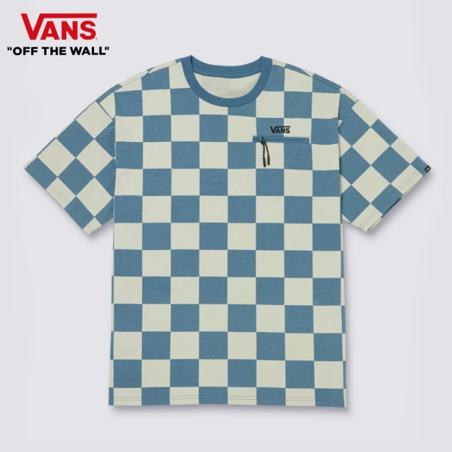 VANS 官方旗艦 Checker 男女款藍色棋盤格短袖口袋T恤