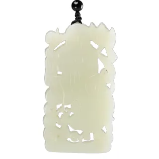 【漢石齋】天然A貨 和田白玉 持蓮童子雙面鏤空雕玉佩吊墜(39*42*6mm)