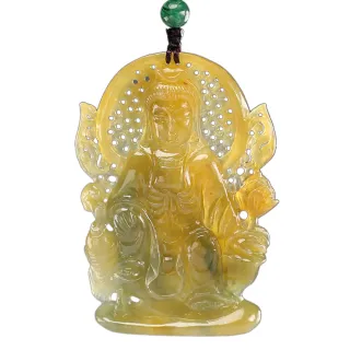 【漢石齋】天然A貨 冰糯種黃翡飄花翡翠 鏤空雕觀音玉佩吊墜(43*62*7mm)