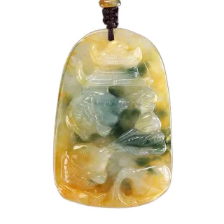 【漢石齋】天然A貨 冰糯種黃翡飄花翡翠 年年有魚玉佩吊墜(32*48*10mm)