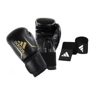 【adidas 愛迪達】SPEED50拳擊手套+新款3.5手綁帶超值套組 黑金(踢拳擊手套、泰拳手套、沙包手套)