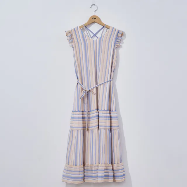 【IENA】高彩度直條無袖洋裝(#4274004 無袖洋裝 桔色/淺藍色)