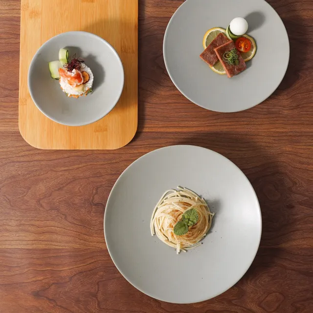 【Royal Duke】亞乳灰陶瓷六件組餐具(無菜單料理 淺盤 平盤 湯碗 飯碗 中式 日式 法式)