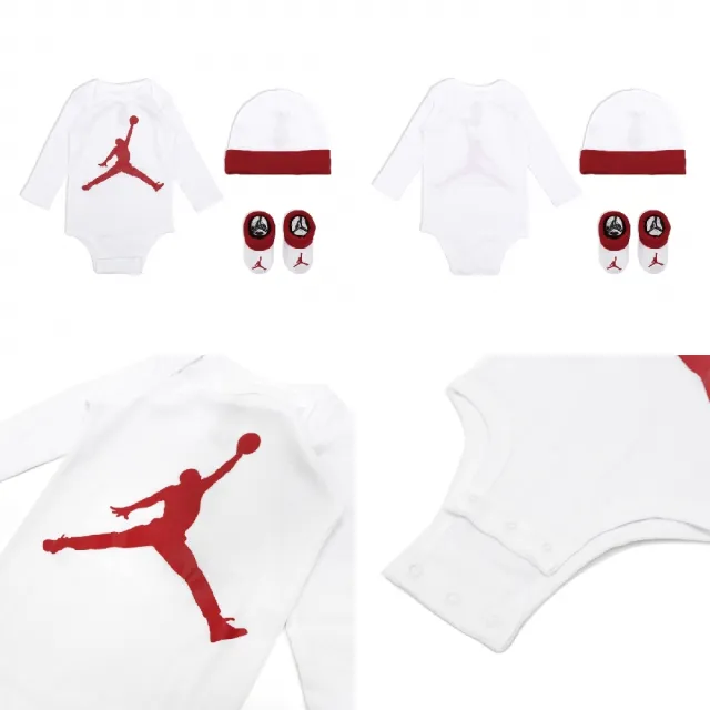 【NIKE 耐吉】包屁衣 Jordan Baby 白 紅 長袖 帽子 襪子 純棉 寶寶 嬰兒 送禮 白 紅(JD2343018NB-001)
