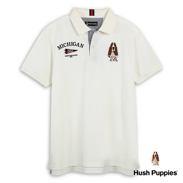 Hush Puppies 男裝 POLO 經典品牌立體英文繡花刺繡狗短袖POLO衫(米白 / 43101201)