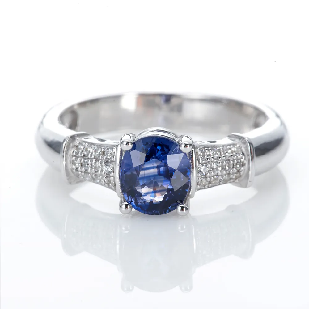 【DOLLY】1克拉 18K金無燒皇家藍色藍寶石鑽石戒指(013)