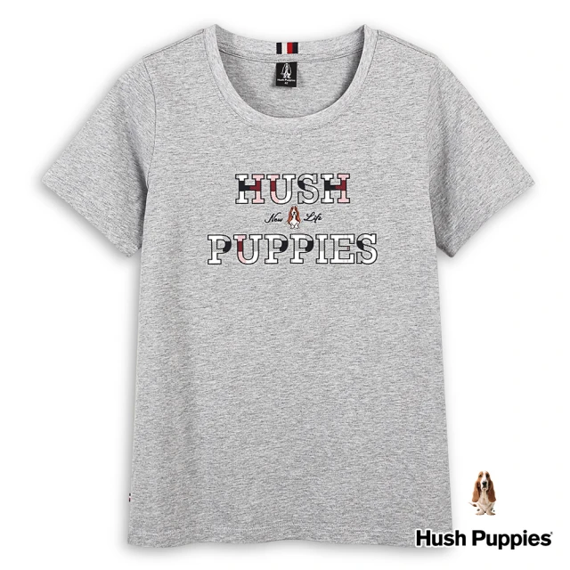 Hush Puppies 女裝 T恤 經典格紋配色矽膠品牌英文刺繡狗T恤(麻灰 / 43211210)