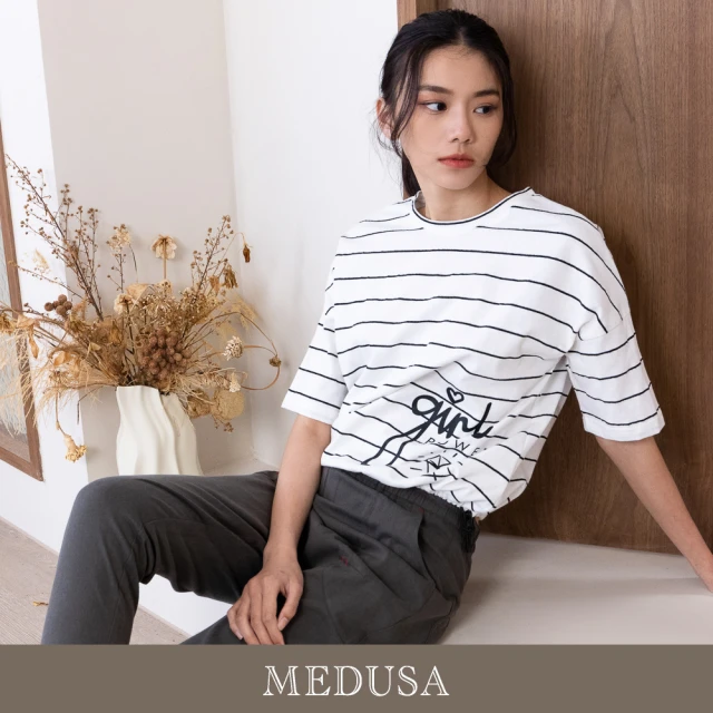 MEDUSA 曼度莎 現貨-休閒橫紋鑽石抽繩純棉T恤（M-XL）｜女上衣 休閒上衣 短袖上衣(301-54401)