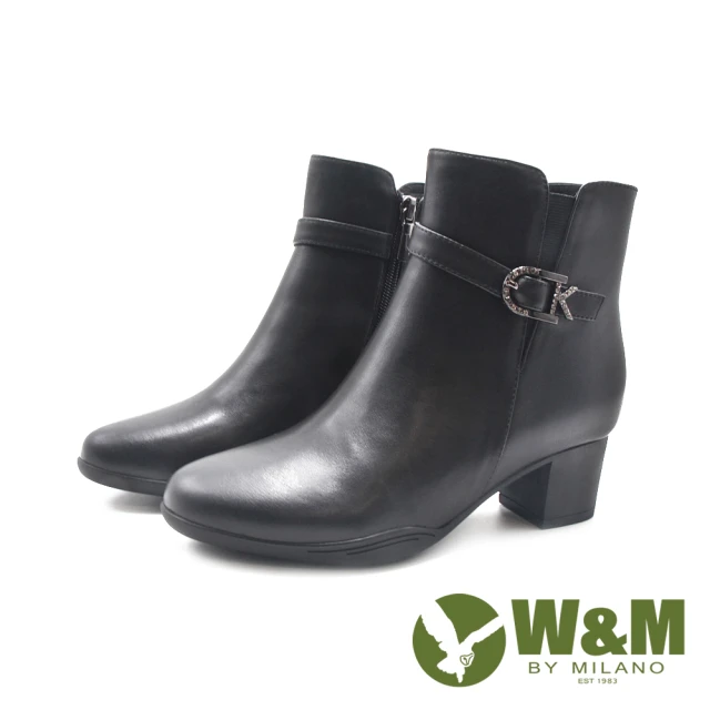 W&MW&M 女 造型鑽飾皮釦拉鍊短靴 女鞋(黑色)