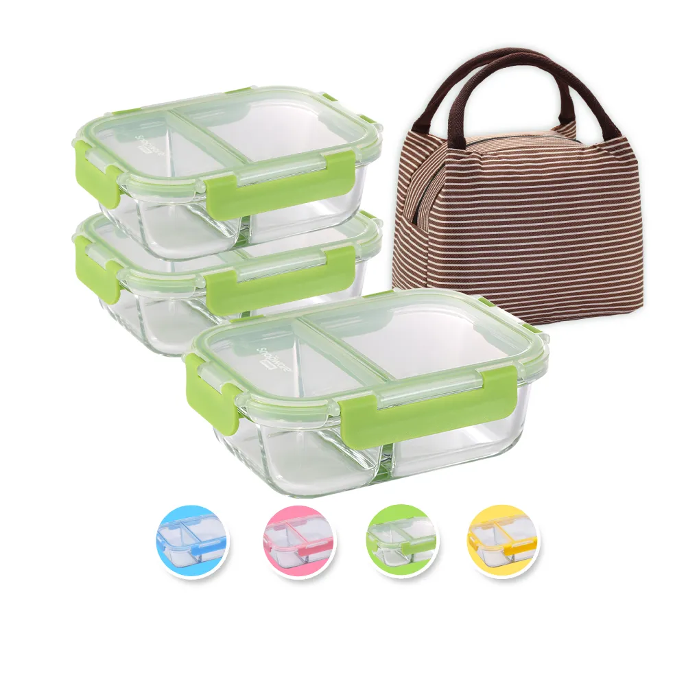 【CorelleBrands 康寧餐具】MOMO獨家限定 分隔玻璃保鮮盒超值3入組-多色可選(贈保溫提袋-顏色隨機出貨)
