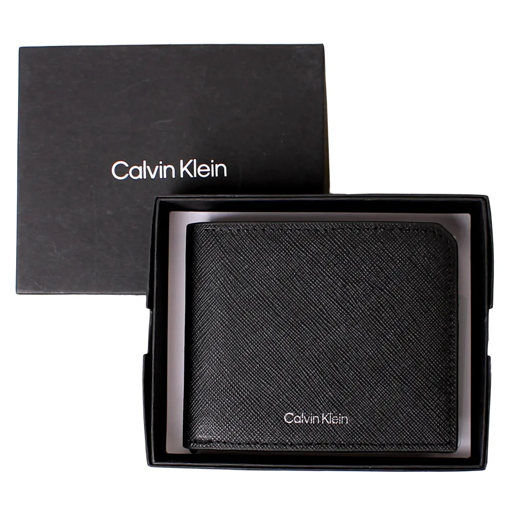 【Calvin Klein 凱文克萊】CK燙銀LOGO防刮皮革1+1抽式卡夾男短夾/皮夾禮盒(經典黑)