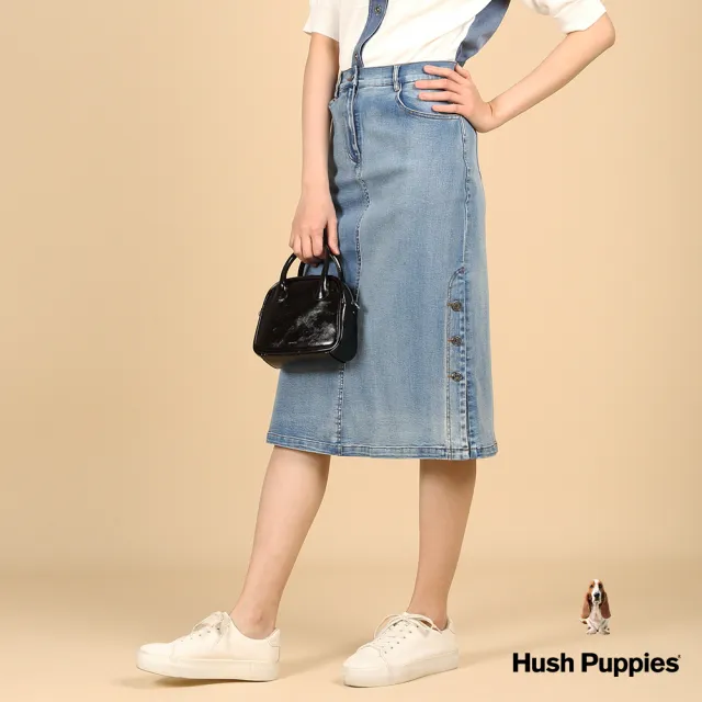 【Hush Puppies】女裝 長裙 側開岔3扣飾牛仔中長裙(淺藍 / 43223101)