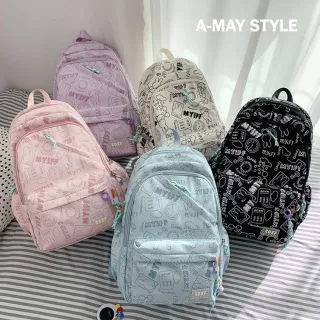 【Amay Style 艾美時尚】現貨.旅行登山後背包 尼龍雙肩包 日韓設計兔兔塗鴉印花大容量後背包。贈吊飾(5色)