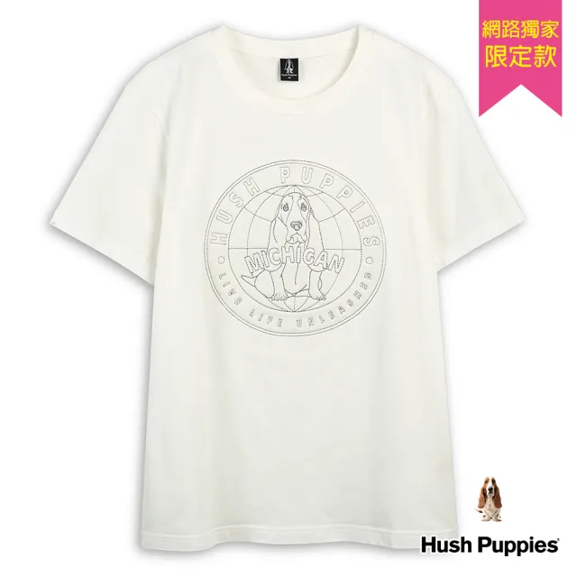 【Hush Puppies】男裝 T恤 素色立體填充品牌圓章棉線條狗寬版T恤(米白 / 43111907)