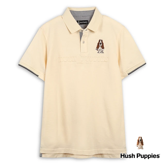 Hush Puppies 男裝 POLO 經典袖配色織帶HP鋼模刺繡狗短袖POLO衫(淺卡其 / 43101108)