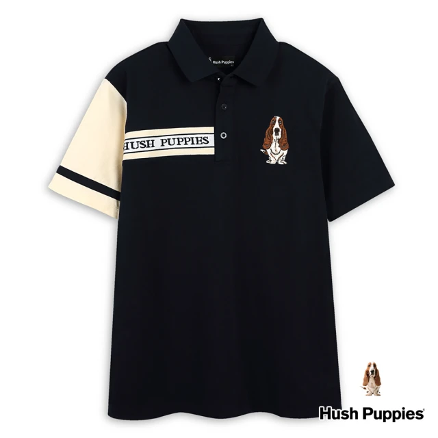 Hush Puppies 男裝 POLO 剪接配色品牌織帶刺繡狗短袖POLO衫(丈青 / 43101109)