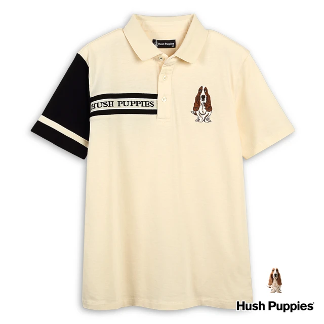 Hush Puppies 男裝 POLO 剪接配色品牌織帶刺繡狗短袖POLO衫(淺卡其 / 43101109)