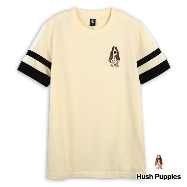 Hush Puppies 男裝 上衣 運動風剪接配色經典刺繡狗上衣(淺卡其 / 43110112)